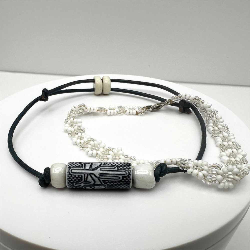 Vintage 90s Black Cord Tribal Ceramic Bead & White Daisy Chain Bracelets Jewelry
